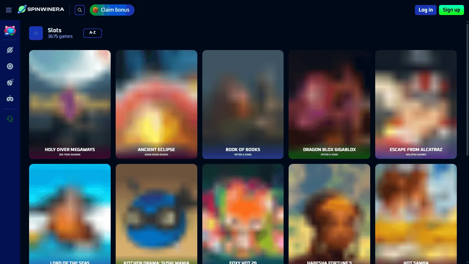 Spinwinera Casino desktop games catalogue with slots and live casino choices