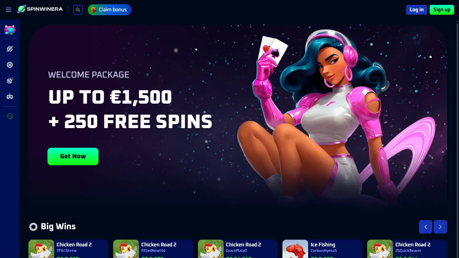 Spinwinera Casino desktop home with casino and sportsbook options
