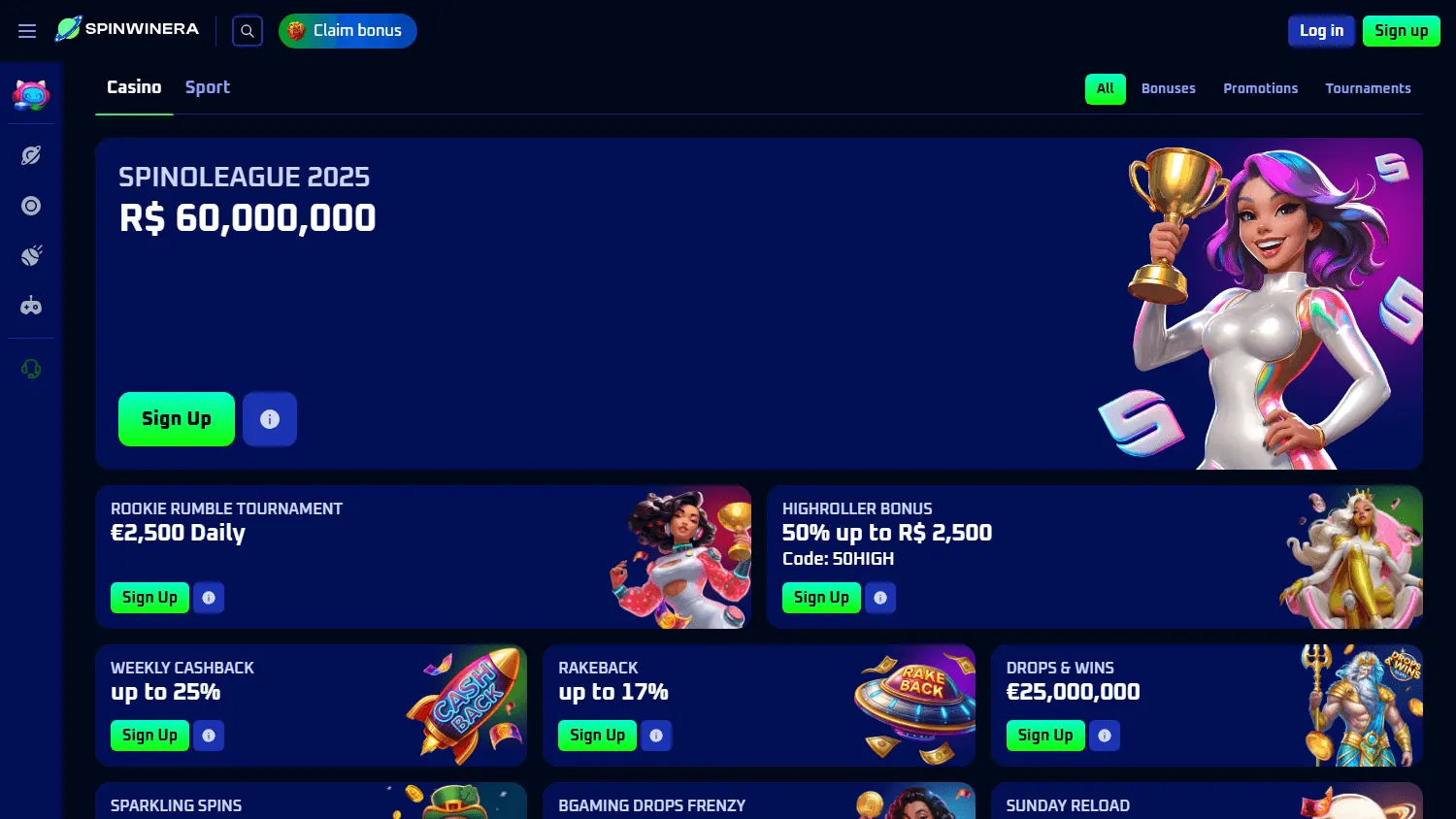 Spinwinera Casino desktop promotions area with bonus and tournament offers